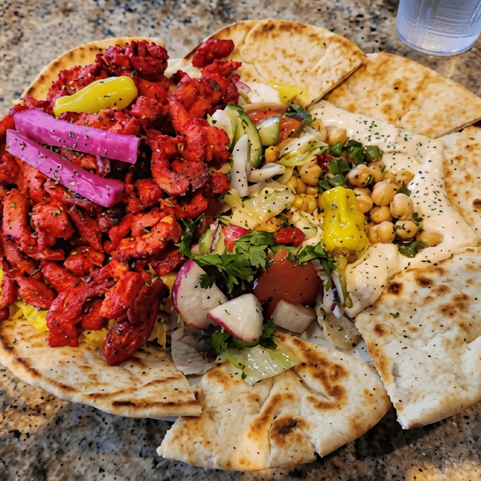 Plate of vibrant red tandoori chicken, pita bread, chickpeas, salad, pickled vegetables, and creamy sauce on a granite table.