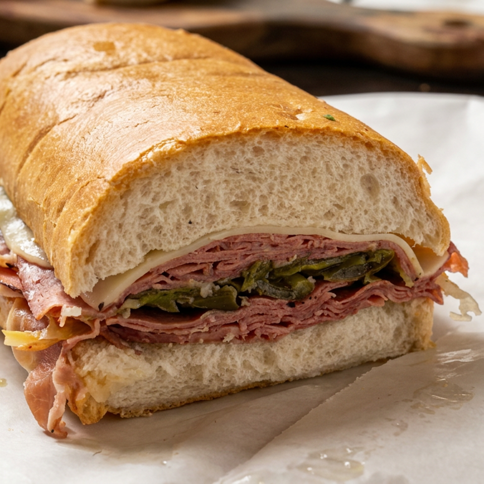 Large deli sandwich on crusty bread, layered with sliced meats, cheese, pickles, and peppers on white wrapping paper.