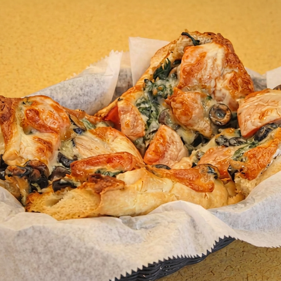 Basket of golden-brown cheesy mushroom pastries served on parchment paper.