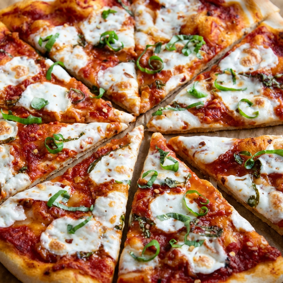 Sliced tomato pizza topped with melted white cheese, green peppers, herbs, and red pepper flakes on parchment paper.