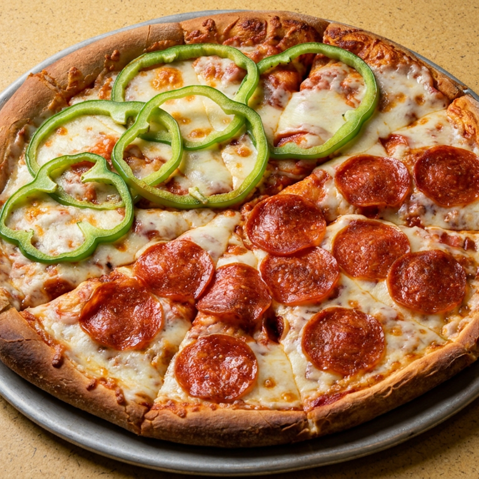 Round pizza topped with melted cheese, pepperoni, and green bell pepper rings on a metal tray.