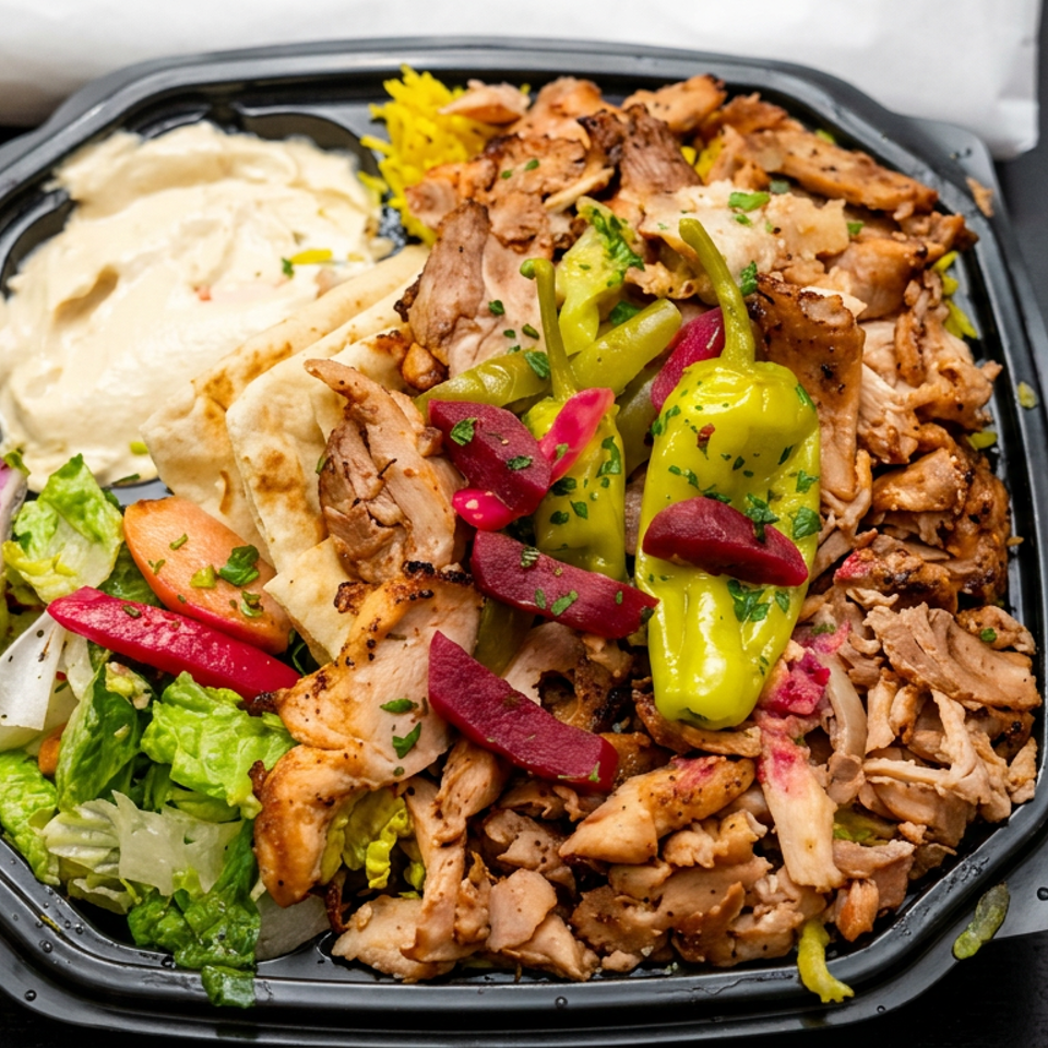 Mediterranean-style platter with sliced grilled meat, hummus, pita, salad, pickled vegetables, peppers, and rice in a black takeout container.