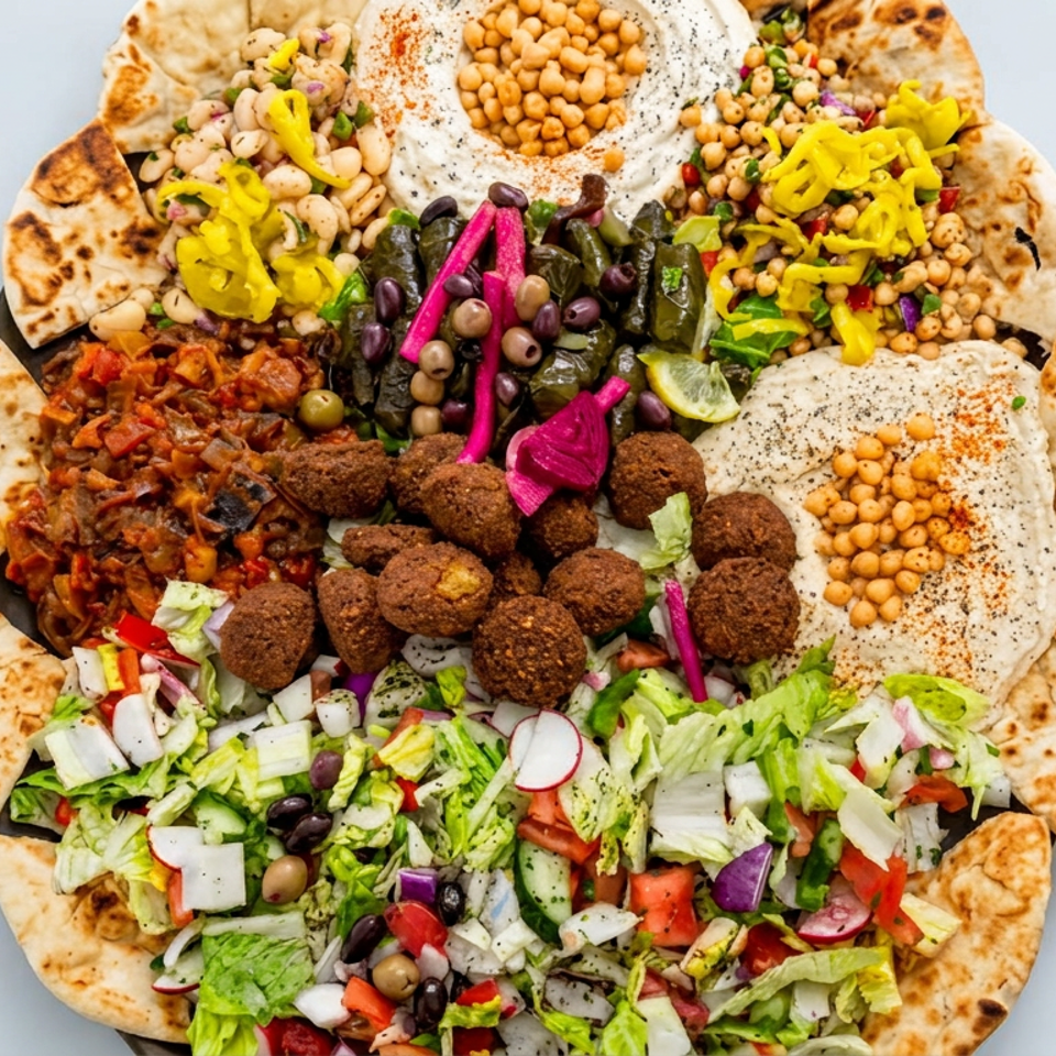 Overhead platter of pita bread, falafel, hummus, beans, pickled vegetables, stewed vegetables, and chopped salad.