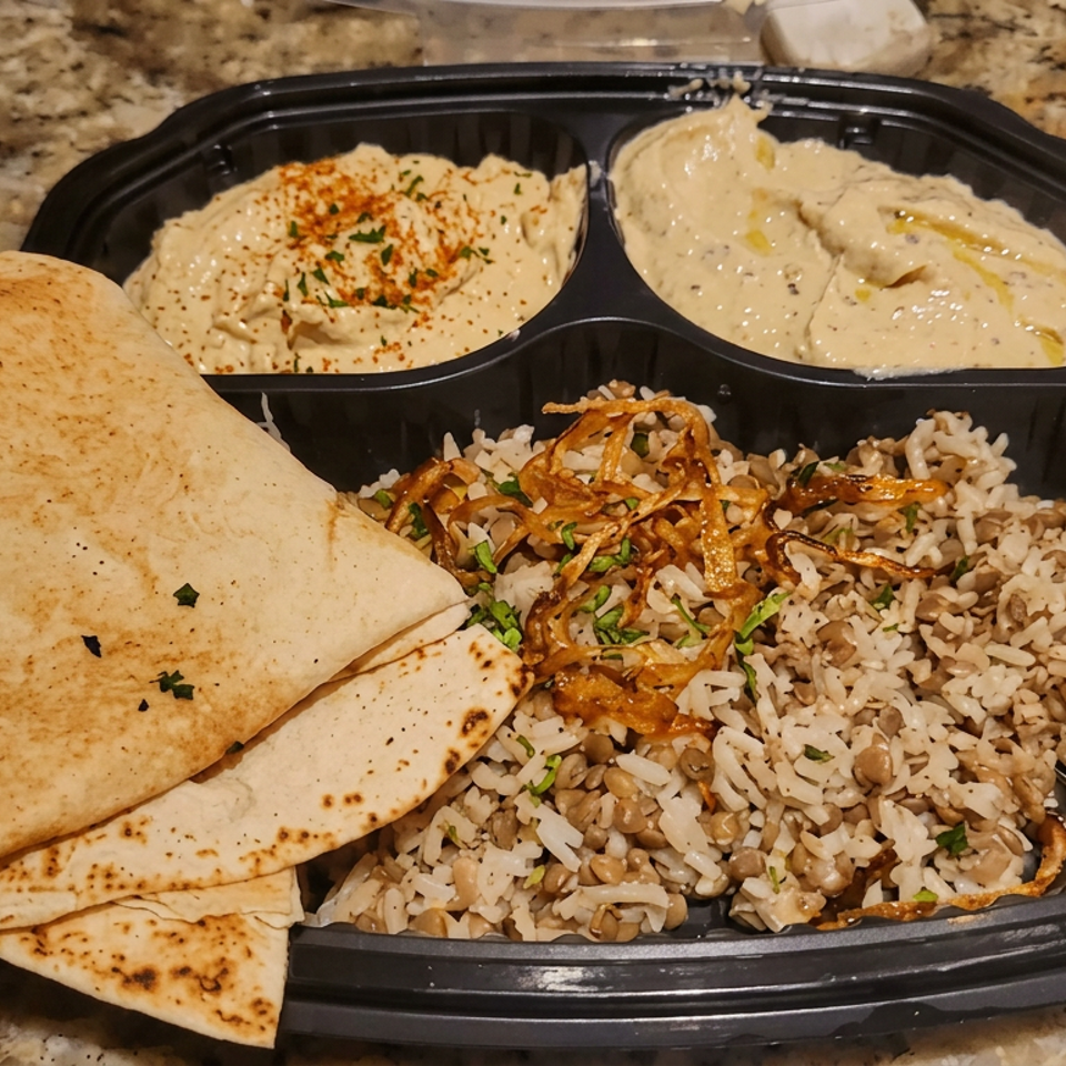 Middle Eastern meal with pita bread, hummus, creamy dip, and lentil rice topped with crispy onions in a takeout tray.