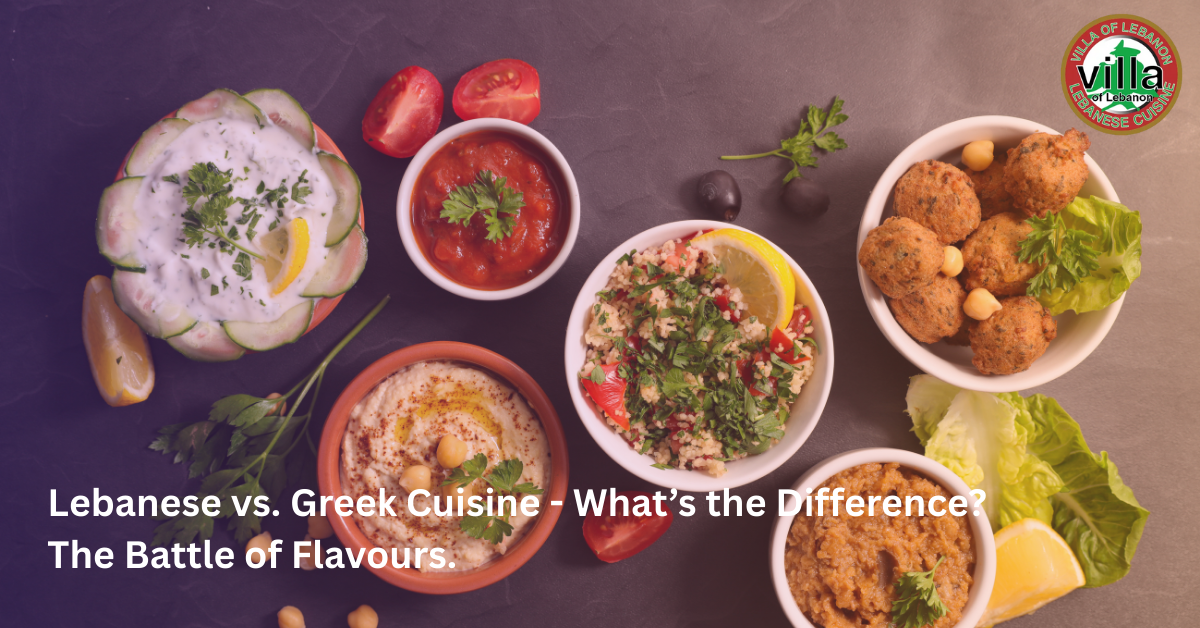 A colorful assortment of Mediterranean dishes including hummus, falafel, tabbouleh, tzatziki, and baba ganoush, representing Lebanese and Greek cuisine.